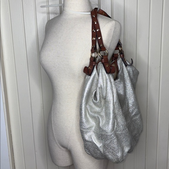 J.Crew Metallic Beacon Tote Bag Silver Brown Leather Studded Handle Large Size - Picture 1 of 14